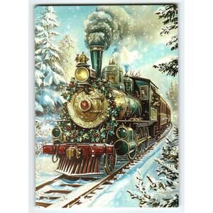 Vintage Christmas Steam Train Lithograph Postcard 5.5x4 Inch